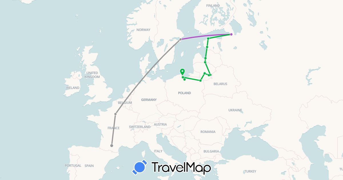 TravelMap itinerary: driving, bus, plane, train in France (Europe)