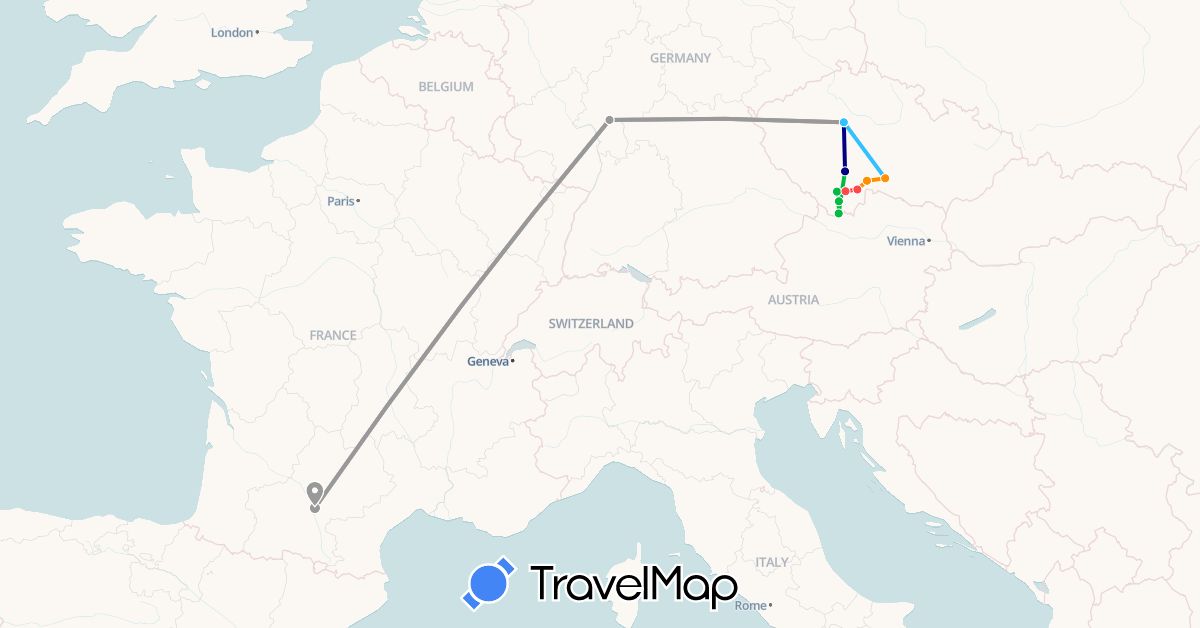 TravelMap itinerary: driving, bus, plane, hiking, boat, hitchhiking in Czech Republic, Germany, France (Europe)